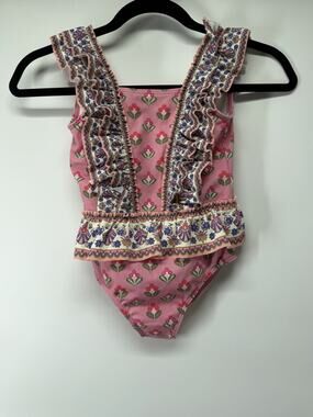 Boden Frill Peplum Swimsuit Pink Multi Woodblock Kids Size 7-8
